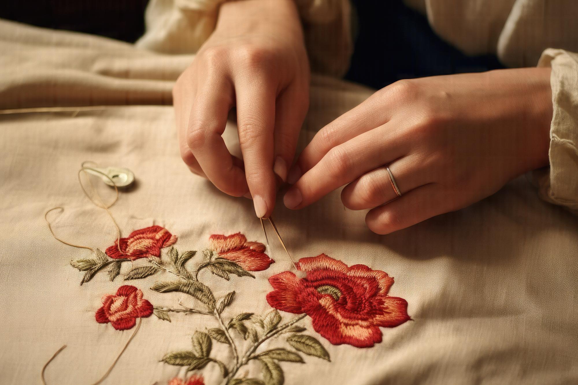 Nahaufnahme handgesticktes Blumenmotiv auf Leinen